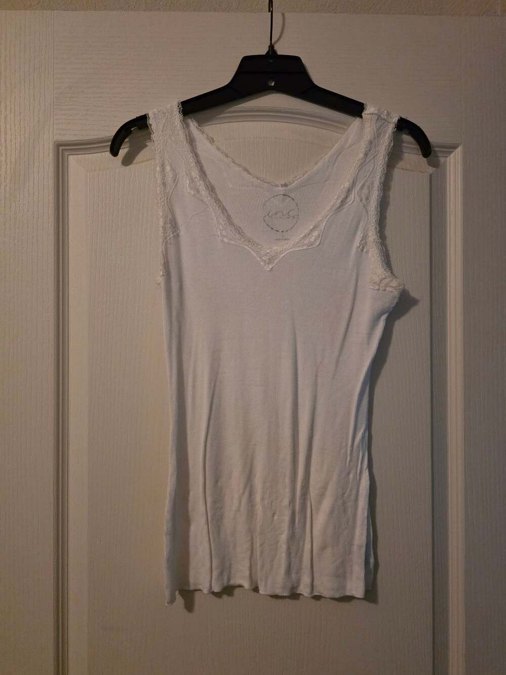INC International Concepts White Ribbed Tank Top With Lace Trim Size Large